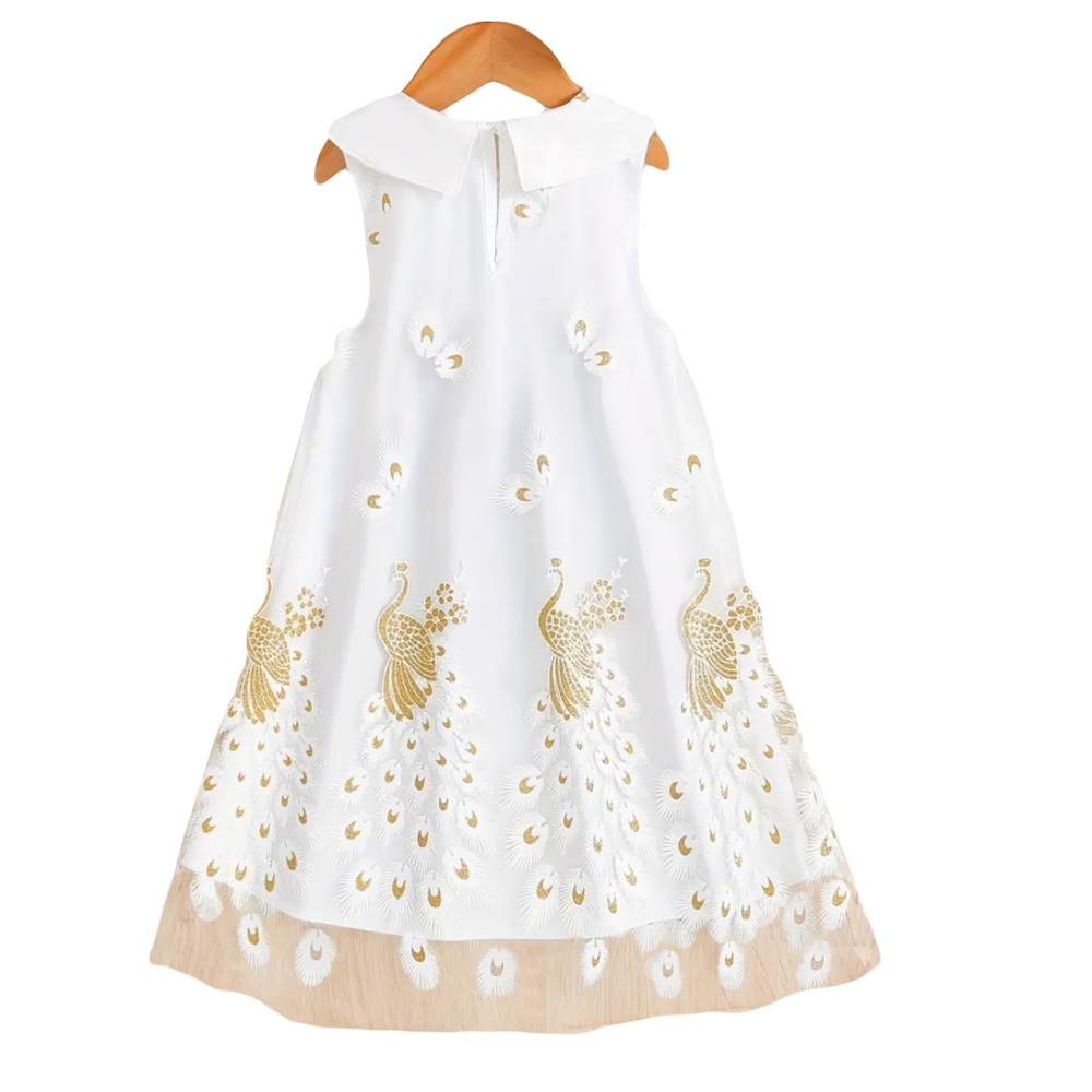 Golden Peacock Printed Lapel White Dress (4Y) - Picture 9 of 13